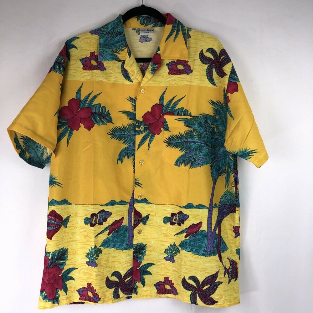 High Seas Resort Wear Mens Yellow Hawaiian Shirt Bahamas Palm Tree Sz-Large